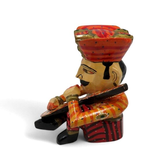 INDIAN MUSICIAN Figurine Sitar Player Wooden Handcrafted India Vintage 6" Tall - Picture 3 of 10